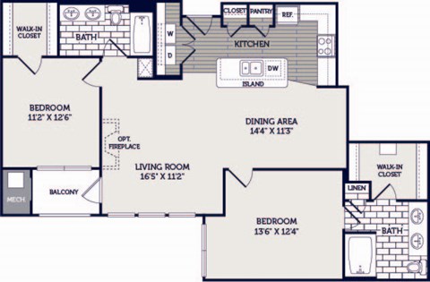 Floor plan for 2 beds, 2 baths, 1173 sqft